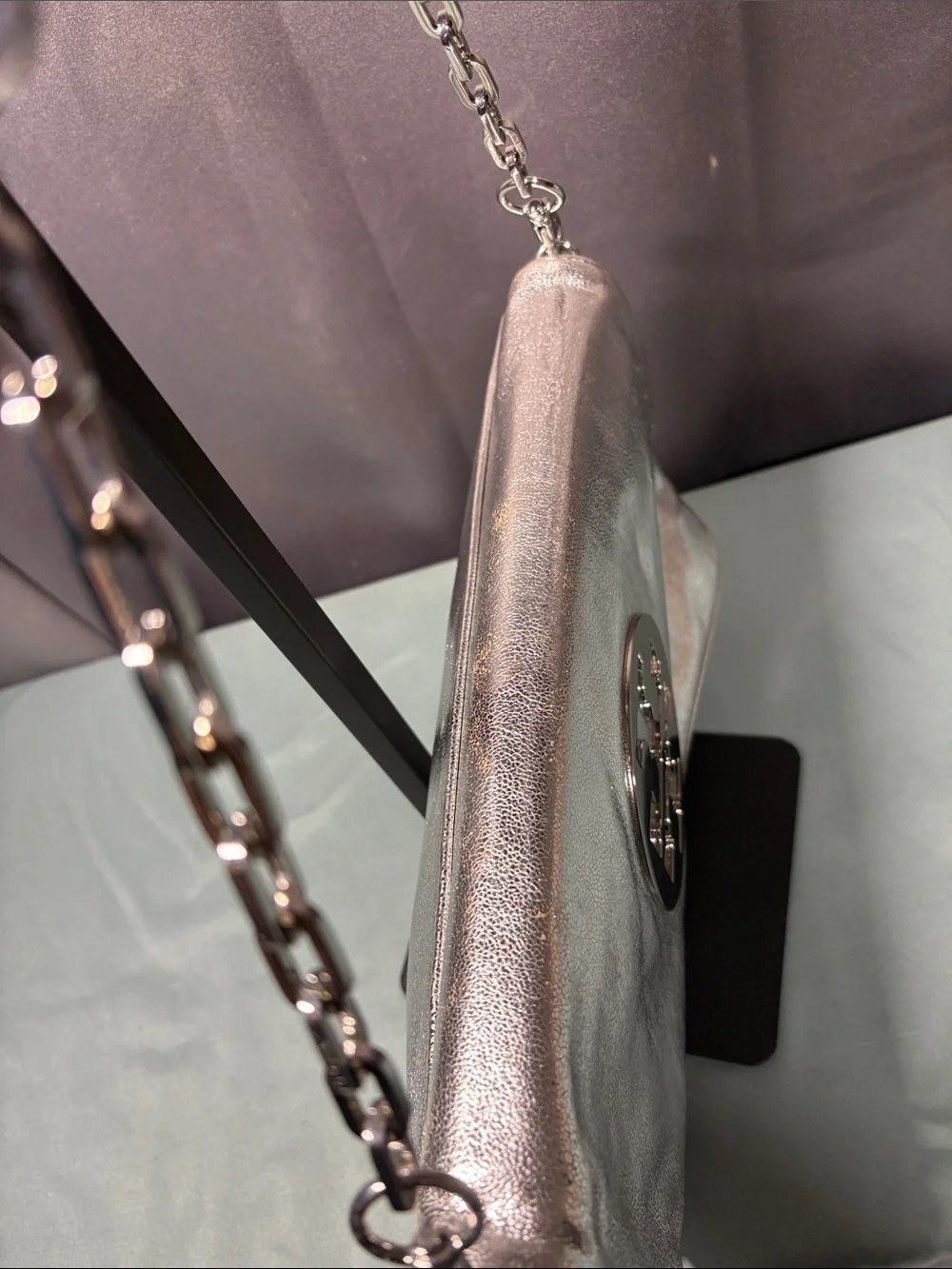 Tory Burch Reva Metallic Silver Crackled Leather Chain Clutch Shoulder Bag